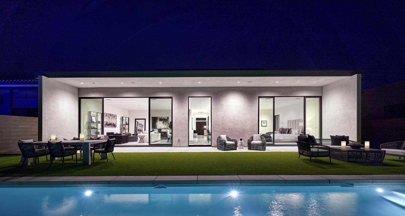 The Zen backyard with pool at night